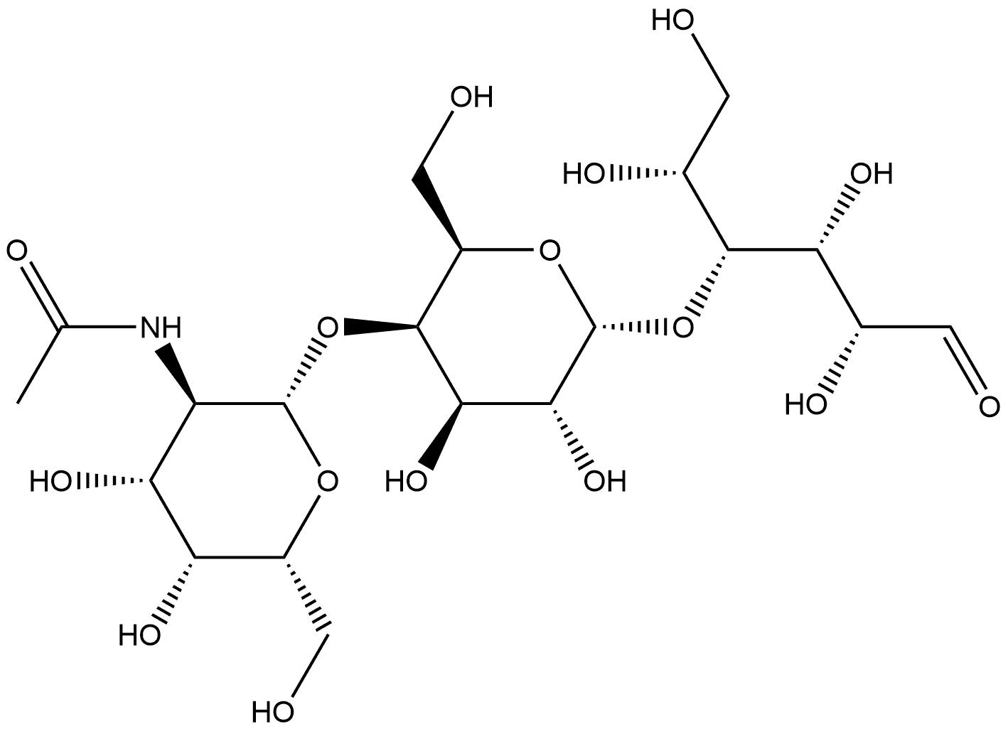 O-2-(Acetylamino)-2-deoxy-beta-D-galactopyranosyl-(1-4)-O-alpha-D-galactopyranosyl-(1-4)-D-glucose Struktur