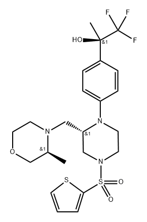 (2R)-1,1,1-trifluoro-2-[4-[(2S)-2-[[(3S)-3-methylmorpholin-4-yl]methyl]-4-thiophen-2-ylsulfonylpiperazin-1-yl]phenyl]propan-2-ol Struktur