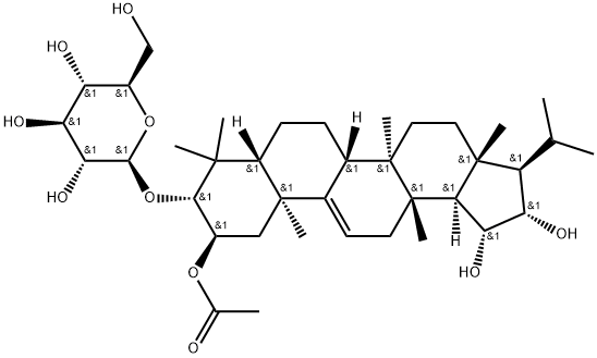 β-D-Glucopyranoside, (2α,3β,8α,13α,14β,17α,18β,19β,20β)-2-(acetyloxy)-19,20-dihydroxy-13,17-dimethyl-A'-neo-26,28-dinorgammacer-9(11)-en-3-yl Struktur