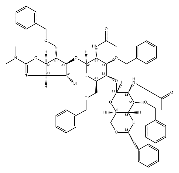 .beta.-D-Allopyranoside, 2-(dimethylamino)-3a,5,6,6a-tetrahydro-4-hydroxy-6-(phenylmethoxy)methyl-4H-cyclopentoxazol-5-yl 2-(acetylamino)-4-O-2-(acetylamino)-2-deoxy-3-O-(phenylmethyl)-4,6-O-(phenylmethylene)-.beta.-D-allopyranosyl-2-deoxy-3,6-bis-O-(phen Struktur