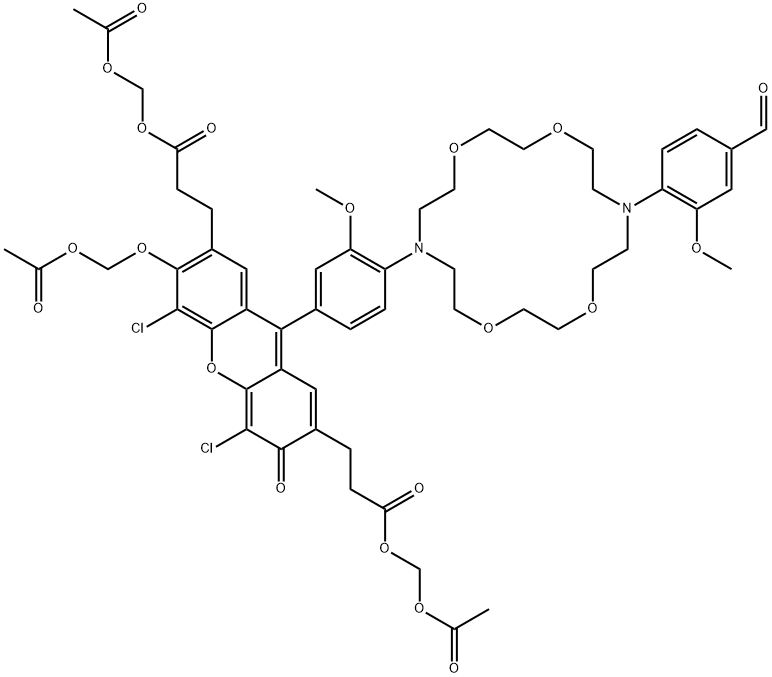 3H-Xanthene-2,7-dipropanoic acid, 6-[(acetyloxy)methoxy]-4,5-dichloro-9-[4-[16-(4-formyl-2-methoxyphenyl)-1,4,10,13-tetraoxa-7,16-diazacyclooctadec-7-yl]-3-methoxyphenyl]-3-oxo-, 2,7-bis[(acetyloxy)methyl] ester Struktur