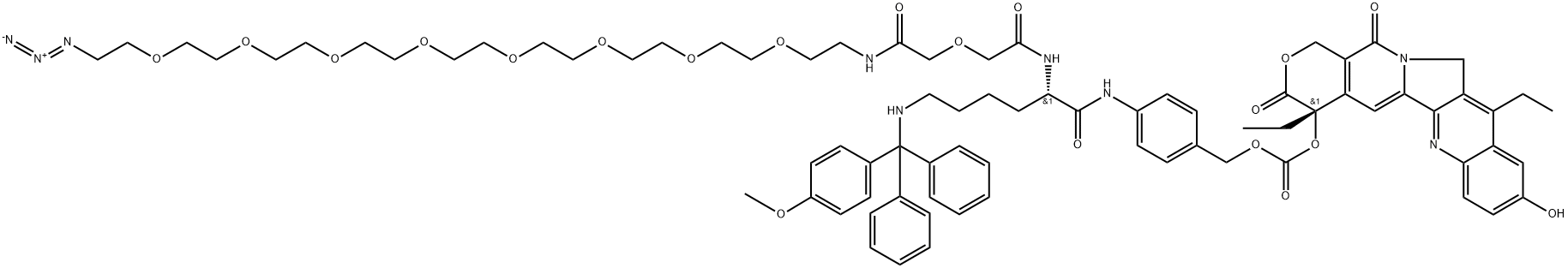 Carbonic acid, [4-[[(2S)-35-azido-2-[4-[[(4-methoxyphenyl)diphenylmethyl]amino]butyl]-1,4,8-trioxo-6,12,15,18,21,24,27,30,33-nonaoxa-3,9-diazapentatriacont-1-yl]amino]phenyl]methyl (4S)-4,11-diethyl-3,4,12,14-tetrahydro-9-hydroxy-3,14-dioxo-1H-pyrano[3',4':6,7]indolizino[1,2-b]quinolin-4-yl ester Struktur