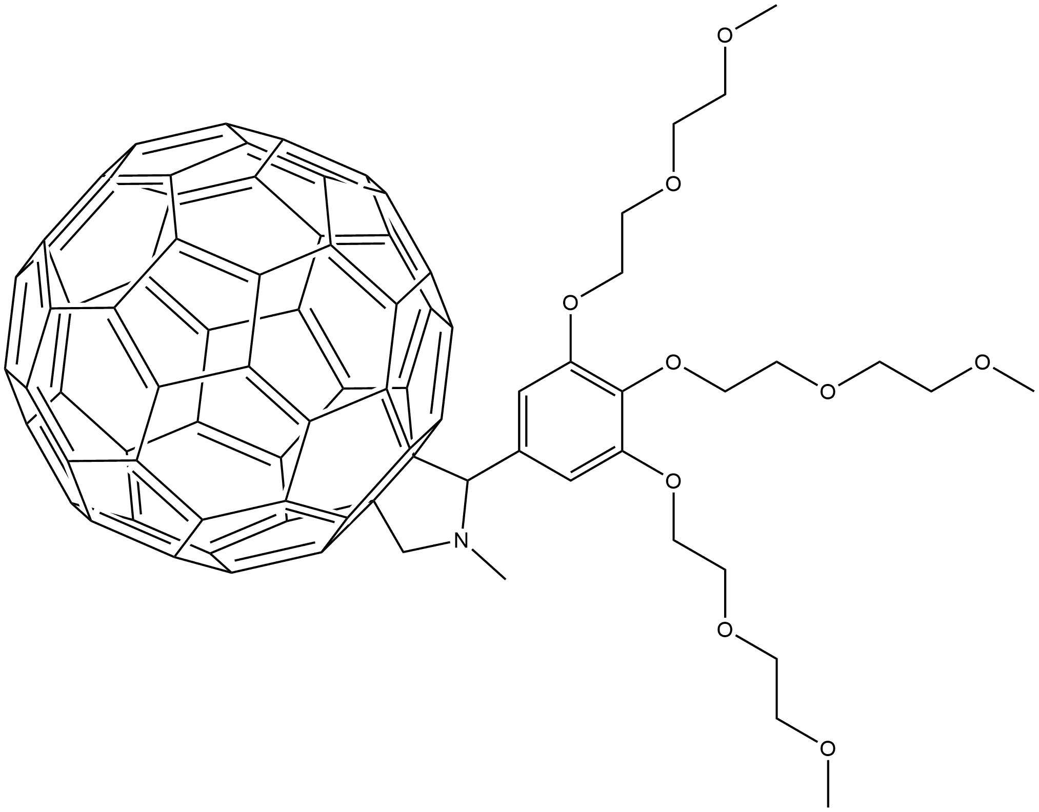 C60,N,N,N -trimethyl-1-(2,3,4-tris(2-(2-methoxyethoxy)ethoxy)phenyl)methanaminium monoadduct Struktur