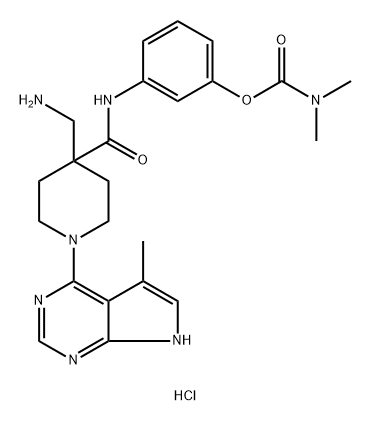 Carbamic acid, N,N-dimethyl-, 3-[[[4-(aminomethyl)-1-(5-methyl-7H-pyrrolo[2,3-d]pyrimidin-4-yl)-4-piperidinyl]carbonyl]amino]phenyl ester, hydrochloride (1:) Struktur