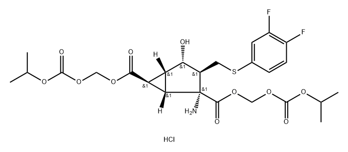 Bicyclo[3.1.0]hexane-2,6-dicarboxylic acid, 2-amino-3-[[(3,4-difluorophenyl)thio]methyl]-4-hydroxy-, 2,6-bis[[[(1-methylethoxy)carbonyl]oxy]methyl] ester, hydrochloride (1:1), (1S,2R,3S,4S,5R,6R)- Struktur