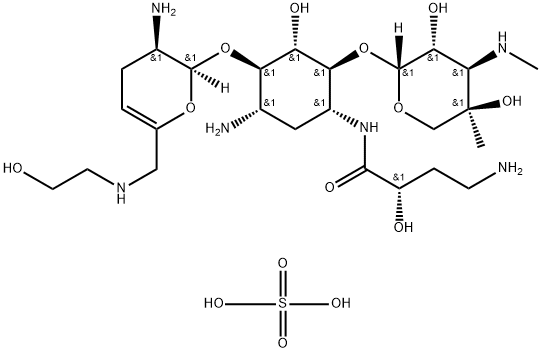 sulfuric acid compound with (S)-4-amino-N-((1R,2S,3S,4R,5S)-5-amino-4-(((2S,3R)-3-amino-6-(((2-hydroxyethyl)amino)methyl)-3,4-dihydro-2H-pyran-2-yl)oxy)-2-(((2R,3R,4R,5R)-3,5-dihydroxy-5-methyl-4-(methylamino)tetrahydro-2H-pyran-2-yl)oxy)-3-hydroxycyclohexyl)-2-hydroxybutanamide (2.5:1) Struktur