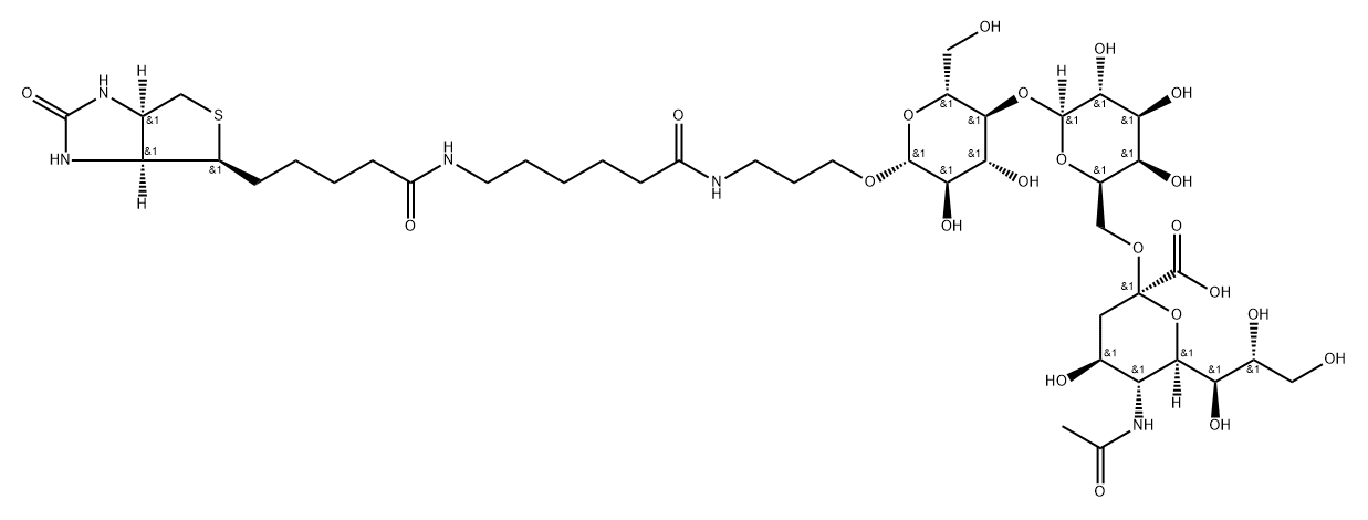 (3aS,4S,6aR)-N-[6-[[3-[[O-(N-Acetyl-alpha-neuraminosyl)-(2-6)-O-beta-D-galactopyranosyl-(1-4)-beta-D-glucopyranosyl]oxy]propyl]amino]-6-oxohexyl]hexahydro-2-oxo-1H-thieno[3,4-d]imidazole-4-pentanamide Struktur