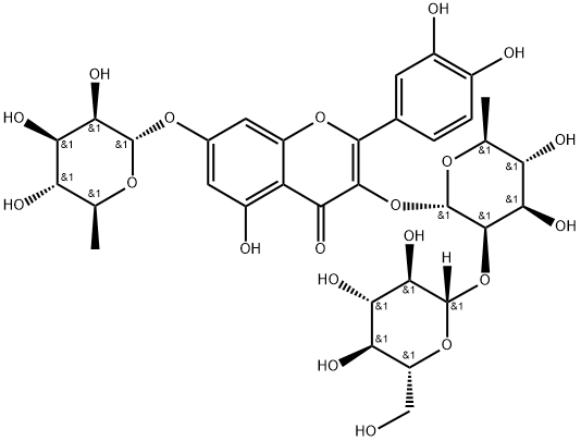 4H-1-Benzopyran-4-one, 3-[(6-deoxy-2-O-β-D-glucopyranosyl-α-L-mannopyranosyl)oxy]-7-[(6-deoxy-α-L-mannopyranosyl)oxy]-2-(3,4-dihydroxyphenyl)-5-hydroxy- Struktur