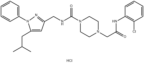 1-Piperazineacetamide, N-(2-chlorophenyl)-4-[[[[5-(2-methylpropyl)-1-phenyl-1H-pyrazol-3-yl]methyl]amino]carbonyl]-, hydrochloride (1:1) Struktur