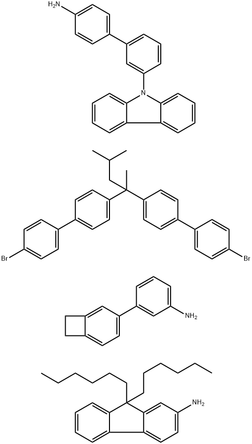 9H-Fluoren-2-amine, 9,9-dihexyl-, polymer with 3-bicyclo[4.2.0]octa-1,3,5-trien-3-ylbenzenamine, 3'-(9H-carbazol-9-yl)[1,1'-biphenyl]-4-amine and 4,4''-(1,3-dimethylbutylidene)bis[4'-bromo-1,1'-biphenyl] Struktur