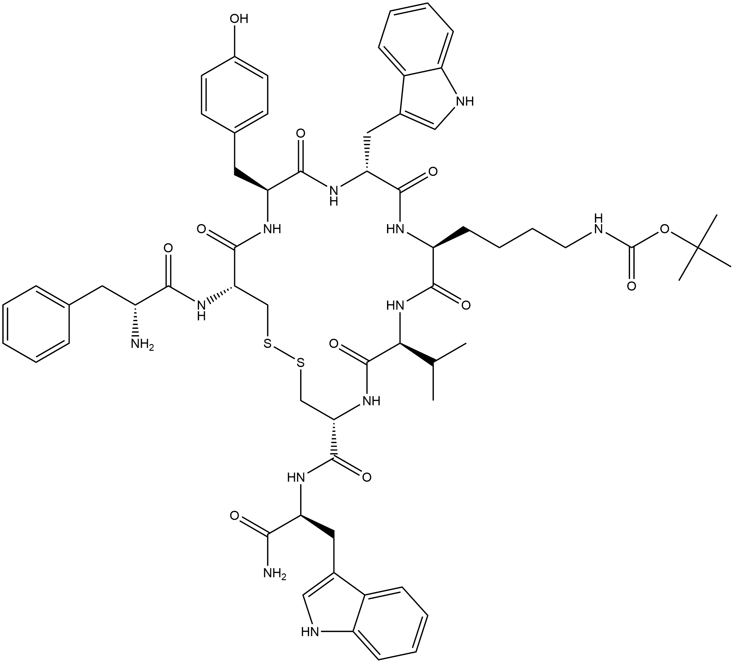 L-Tryptophanamide, D-phenylalanyl-L-cysteinyl-L-tyrosyl-D-tryptophyl-N6-[(1,1-dimethylethoxy)carbonyl]-L-lysyl-L-valyl-L-cysteinyl-, cyclic (2→7)-disulfide (9CI) Struktur