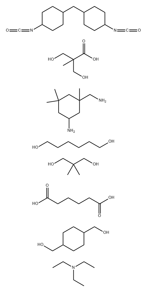 Hexanedioic acid, polymer with 5-amino-1,3,3-trimethylcyclohexanemethanamine, 1,4-cyclohexanedimethanol, 2,2-dimethyl-1,3-propanediol, 1,6-hexanediol, 3-hydroxy-2-(hydroxymethyl)-2-methylpropanoic acid and 1,1'-methylenebis[4-isocyanatocyclohexane], compd Struktur