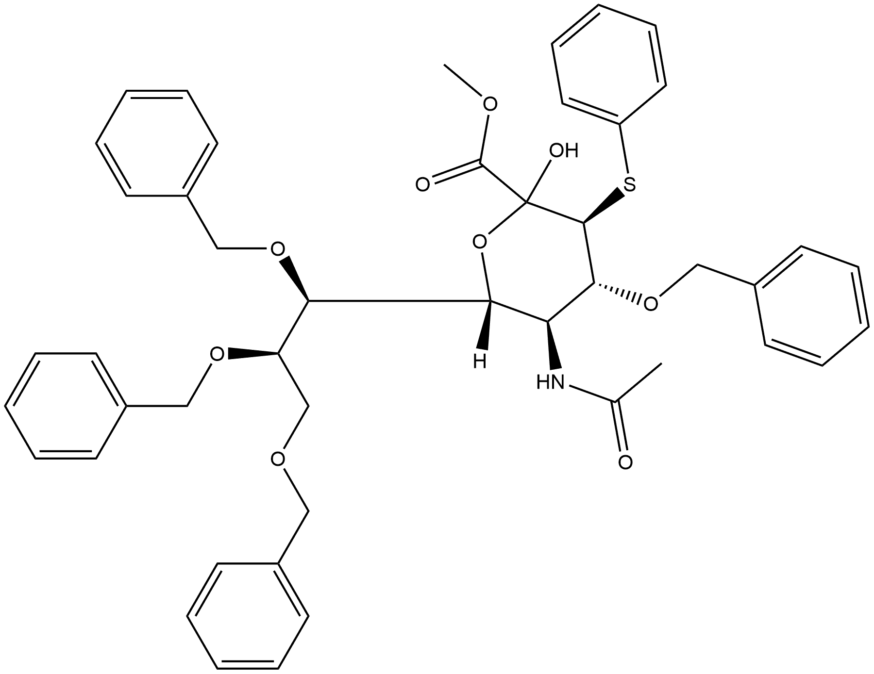 D-erythro-L-gluco-2-Nonulopyranosonic acid, 5-(acetylamino)-5-deoxy-3-S-phenyl-4,7,8,9-tetrakis-O-(phenylmethyl)-3-thio-, methyl ester Struktur