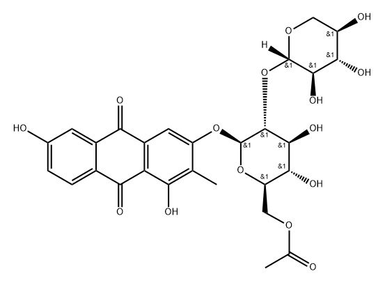 1,3,6-trihydroxy-2-methyl-9,10-anthraquinone-3-O-(6'-O-acetyl)-beta-D-xylopyranosyl-(1->2)-beta-D-glucopyranoside Struktur