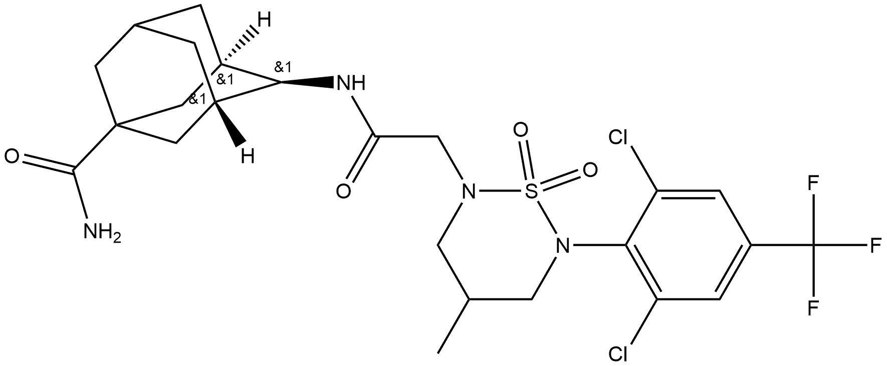 2H-1,2,6-Thiadiazine-2-acetamide, N-[5-(aminocarbonyl)tricyclo[3.3.1.13,7]dec-2-yl]-6-[2,6-dichloro-4-(trifluoromethyl)phenyl]tetrahydro-4-methyl-, 1,1-dioxide, stereoisomer Struktur