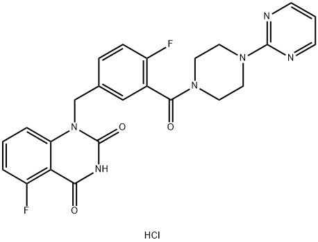 2,4(1H,3H)-Quinazolinedione, 5-fluoro-1-[[4-fluoro-3-[[4-(2-pyrimidinyl)-1-piperazinyl]carbonyl]phenyl]methyl]-, hydrochloride (1:1) Struktur