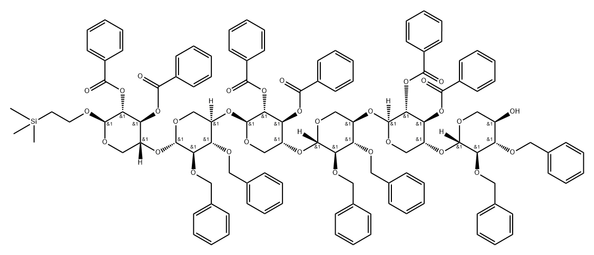 2-(trimethylsilyl)ethyl-O-(2,3-di-O-benzylxylopyranosyl)-(1-4)-bis(O-(2,3-di-O-benzoylxylopyranosyl)-(1-4)-(2,3-di-O-benzylxylopyranosyl)-(1-4))-2,3-di-O-benzoylxylopyranoside Struktur