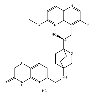 2H-Pyrido[3,2-b]-1,4-oxazin-3(4H)-one, 6-[[[1-[(1S)-2-(3-fluoro-6-methoxy-1,5-naphthyridin-4-yl)-1-hydroxyethyl]-2-oxabicyclo[2.2.2]oct-4-yl]amino]methyl]-, hydrochloride (1:1) Struktur