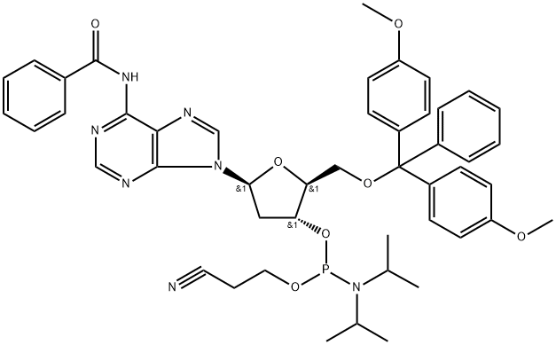 Benzamide, N-[9-[5-O-[bis(4-methoxyphenyl)phenylmethyl]-3-O-[[bis(1-methylethyl)amino](2-cyanoethoxy)phosphino]-2-deoxy-β-L-erythro-pentofuranosyl]-9H-purin-6-yl]- Struktur