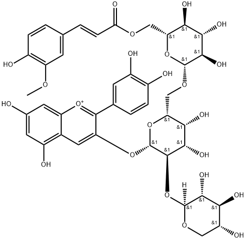 Cyanidin 3-O-[β-D-Xylopyranosyl-(1,2)-[(4-hydroxy-3-methoxycinnamoyl)-(6)-β-D-glucopyranosyl-(1,6)]-β-D-galactopyranoside] Struktur