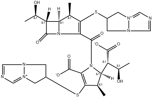 5H-Pyrazolo[1,2-a][1,2,4]triazol-4-ium, 6-[[(4R,5S,6S)-2-[[(2S,3R)-5-carboxy-2-[(1S,2R)-1-carboxy-2-hydroxypropyl]-4-[(6,7-dihydro-5H-pyrazolo[1,2-a][1,2,4]triazol-4-ium-6-yl)thio]-2,3-dihydro-3-methyl-1H-pyrrol-1-yl]carbonyl]-6-[(1R)-1-hydroxyethyl]-4-methyl-7-oxo-1-azabicyclo[3.2.0]hept-2-en-3-yl]thio]-6,7-dihydro-, bis(inner salt) Struktur