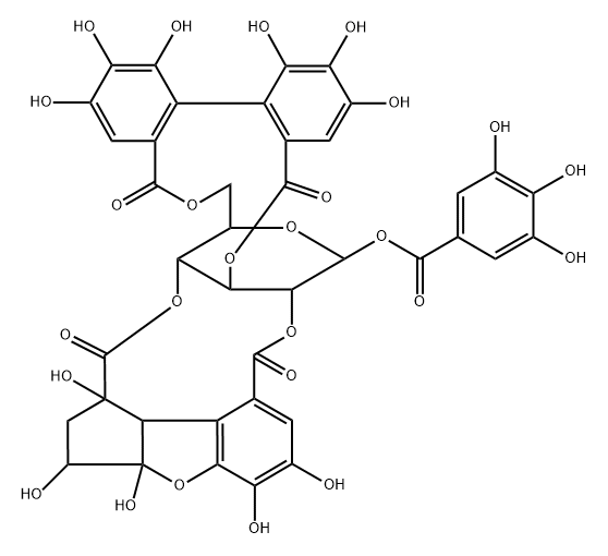 β-D-Glucopyranose, cyclic 3,6-(4,4',5,5',6,6'-hexahydroxy[1,1'-biphenyl]-2,2'-dicarboxylate) cyclic 2→8:4→1-(2,3,3a,8b-tetrahydro-1,3,3a,5,6-pentahydroxy-1H-cyclopenta[b]benzofuran-1,8-dicarboxylate) 1-(3,4,5-trihydroxybenzoate) Struktur