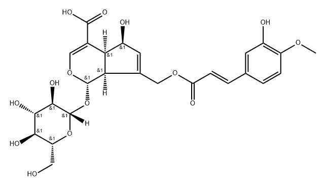 Cyclopenta[c]pyran-4-carboxylic acid, 1-(β-D-glucopyranosyloxy)-1,4a,5,7a-tetrahydro-5-hydroxy-7-[[[(2E)-3-(3-hydroxy-4-methoxyphenyl)-1-oxo-2-propen-1-yl]oxy]methyl]-, (1S,4aS,5S,7aS)- Struktur