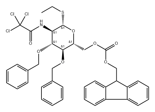 Ethyl 3,4-di-O-benzyl-2-deoxy-2-[(2,2,2,-trichloroacetyl)amino]-6-O-(9-fluorenylmethoxycarbonyl)-1-thio-β-D-glucopyranoside Struktur