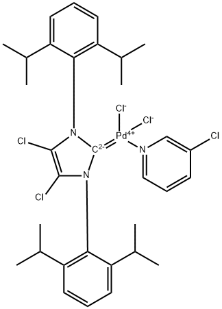 Palladium, [1,3-bis[2,6-bis(1-methylethyl)phenyl]-4,5-dichloro-1,3-dihydro-2H-imidazol-2-ylidene]dichloro(3-chloropyridine-κN)-, (SP-4-1)- Struktur