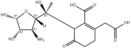 3-amino-5-C-(3-carboxy-4-(carboxymethyl)-2-oxo-3-cyclohexen-1-yl)altrofuranose Struktur