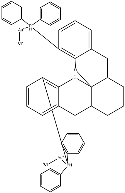 Gold, dichloro[μ-[1,1'-[(5aS,8aS,14aS)-5a,6,7,8,8a,9-hexahydro-5H-[1]benzopyrano[3,2-d]xanthene-1,13-diyl]bis[1,1-diphenylphosphine-κP]]]di- Struktur