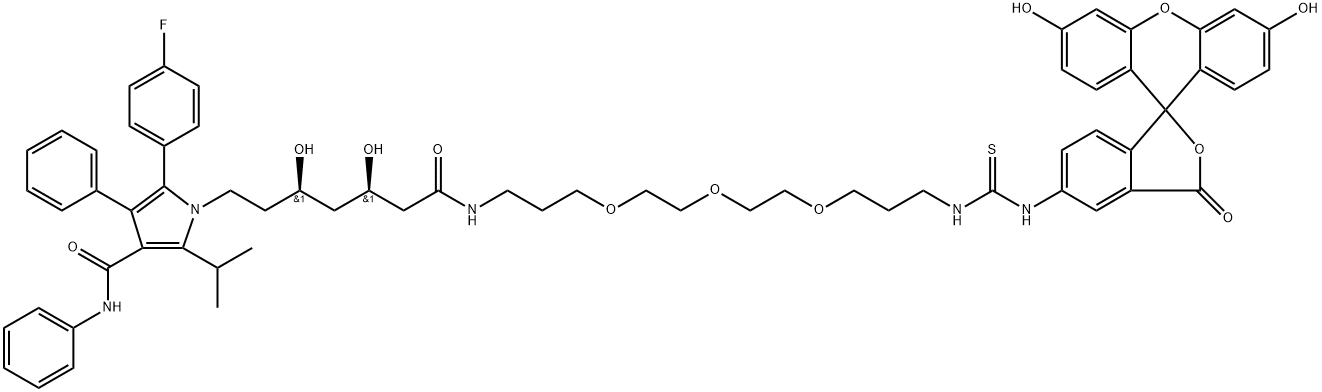 1H-Pyrrole-1-heptanamide, N-[15-[(3',6'-dihydroxy-3-oxospiro[isobenzofuran-1(3H),9'-[9H]xanthen]-5-yl)amino]-15-thioxo-4,7,10-trioxa-14-azapentadec-1-yl]-2-(4-fluorophenyl)-β,δ-dihydroxy-5-(1-methylethyl)-3-phenyl-4-[(phenylamino)carbonyl]-, (βR,δR)- Struktur