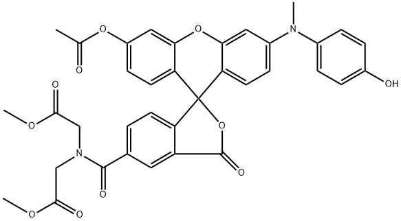 Glycine, N-[[3'-(acetyloxy)-6'-[(4-hydroxyphenyl)methylamino]-3-oxospiro[isobenzofuran-1(3H),9'-[9H]xanthen]-5-yl]carbonyl]-N-(2-methoxy-2-oxoethyl)-, methyl ester Struktur