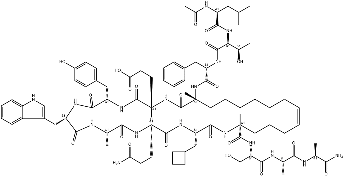 L-Alaninamide, L-α-glutamyl-L-tyrosyl-L-tryptophyl-L-alanyl-L-glutaminyl-3-cyclobutyl-L-alanyl-N14-(N-acetyl-L-leucyl-L-threonyl-L-phenylalanyl)-(2S,6E,14R)-2,14-diamino-14-carboxy-2-methyl-6-pentadecenoyl-L-seryl-L-alanyl-, (7→1)-lactam Struktur