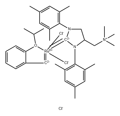 [1,3-Bis(2,4,6-trimethylphenyl)-4-[(trimethylammonio)methyl]imidazolidin-2-ylidene]-(2-i-propoxybenzylidene)dichlororuthenium(II) chloride StickyCat Cl Struktur