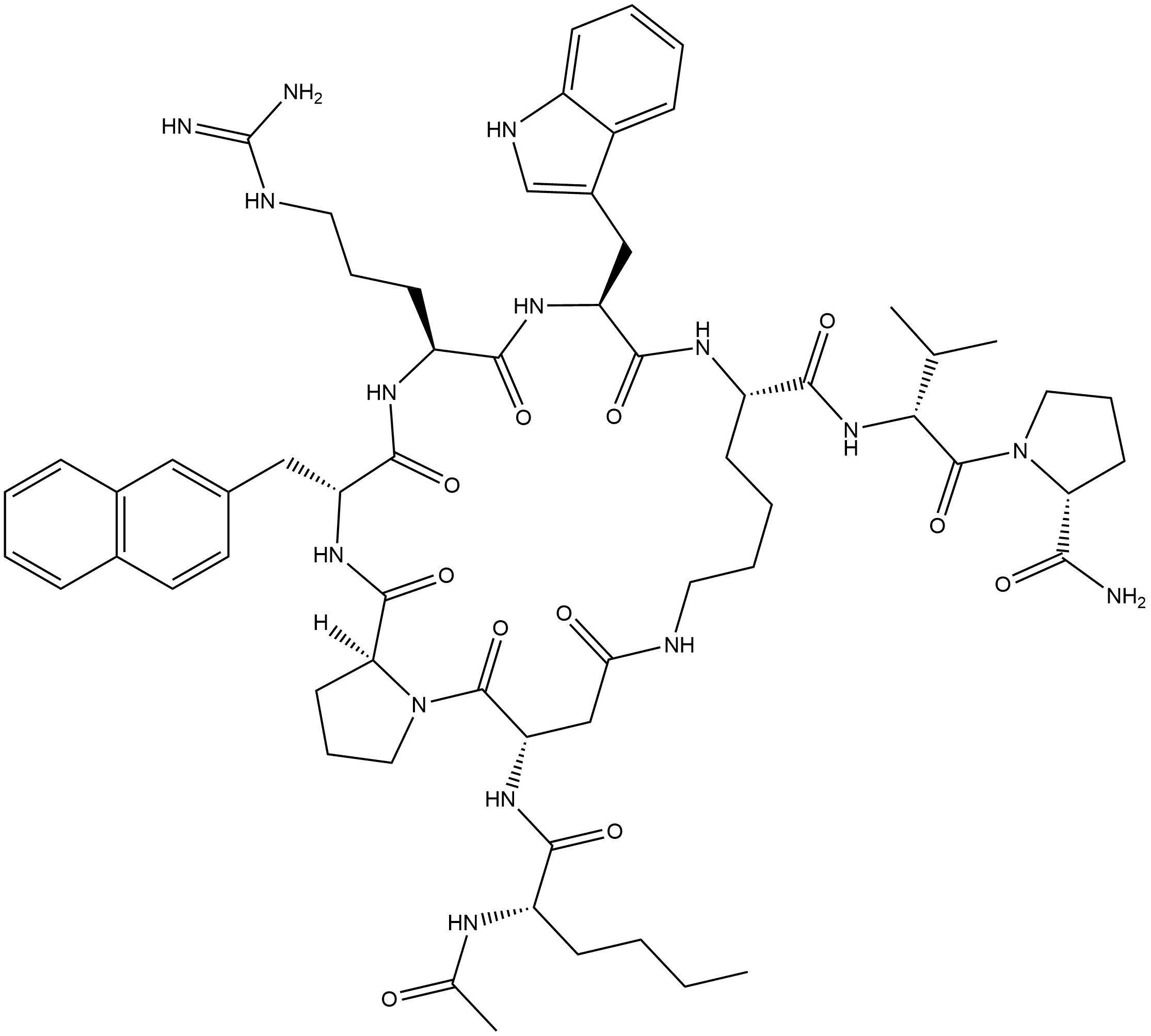 D-Prolinamide, N-acetyl-L-norleucyl-L-α-aspartyl-L-prolyl-3-(2-naphthalenyl)-D-alanyl-L-arginyl-L-tryptophyl-L-lysyl-D-valyl-, (2→7)-lactam Struktur