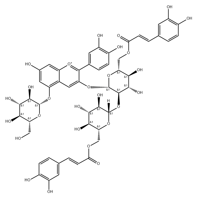 Cyanidin-3-O-[6-O-trans-caffeyl-(6-O-trans-caffeyl-2-O-β-glucopyranosyl)]-β-glucopyranoside)-5-O-β-glucopyranoside Struktur