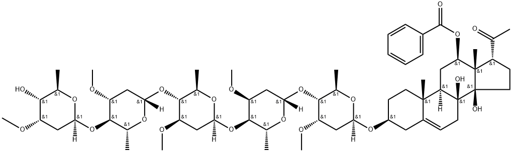 [17-acetyl-8,14-dihydroxy-3-[5-[5-[5-[5-(5-hydroxy-4-methoxy-6-methyl- oxan-2-yl)oxy-4-methoxy-6-methyl-oxan-2-yl]oxy-4-methoxy-6-methyl-oxan -2-yl]oxy-4-methoxy-6-methyl-oxan-2-yl]oxy-4-methoxy-6-methyl-oxan-2-y l]oxy-10,13-dimethyl-2,3,4,7,9,11,12,15,16,17-decahydro-1H-cyclopenta[ a]phenanthren-12-yl] benzoate Struktur