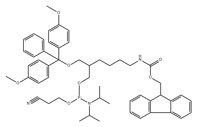 9,11-Dioxa-2-aza-10-phosphatridecanoic acid, 7-[[bis(4-methoxyphenyl)phenylmethoxy]methyl]-10-[bis(1-methylethyl)amino]-13-cyano-, 9H-fluoren-9-ylmethyl ester (9CI) Struktur