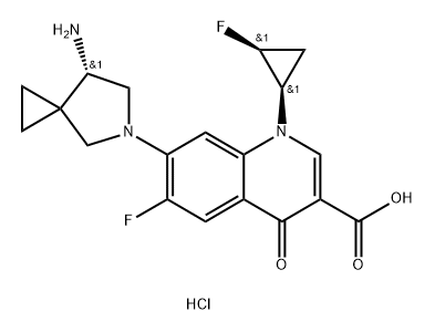 3-Quinolinecarboxylic acid, 7-[(7S)-7-amino-5-azaspiro[2.4]hept-5-yl]-6-fluoro-1-[(1R,2S)-2-fluorocyclopropyl]-1,4-dihydro-4-oxo-, hydrochloride (1:1) Struktur