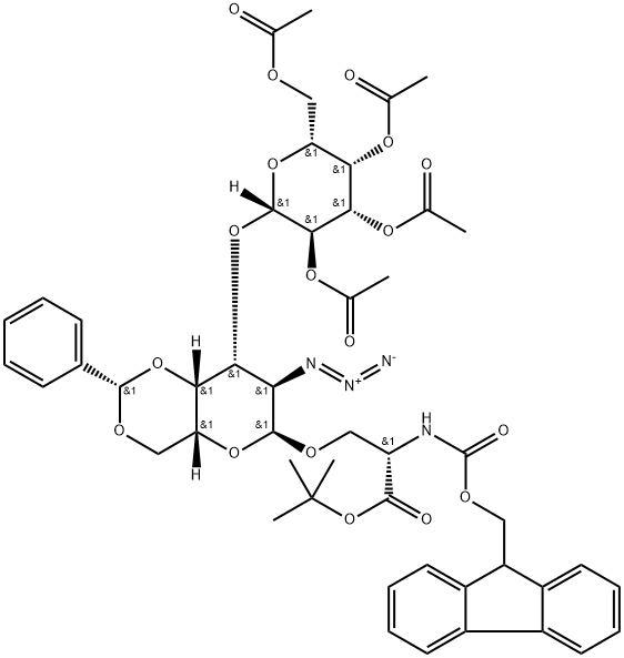 O-[2-Azido-2-deoxy-4,6-O-[(S)-phenylmethylene]-3-O-(2,3,4,6-tetra-O-acetyl-beta-D-galactopyranosyl)-alpha-D-galactopyranosyl]-N-[(9H-fluoren-9-ylmethoxy)carbonyl]-L-serine 1,1-dimethylethyl ester Struktur