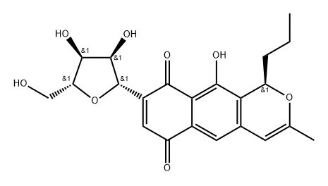 1H-Naphtho[2,3-c]pyran-6,9-dione, 10-hydroxy-3-methyl-1-propyl-8-β-D-ribofuranosyl-, (1R)- Struktur