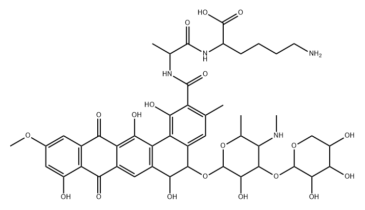 L-Lysine, N2-[N-[[5-[[4,6-dideoxy-4-(methylamino)-3-O-β-D-xylopyranosyl-β-D-galactopyranosyl]oxy]-5,6,8,13-tetrahydro-1,6,9,14-tetrahydroxy-11-methoxy-3-methyl-8,13-dioxobenzo[a]naphthacen-2-yl]carbonyl]-D-alanyl]-, (5S-trans)- (9CI) Struktur