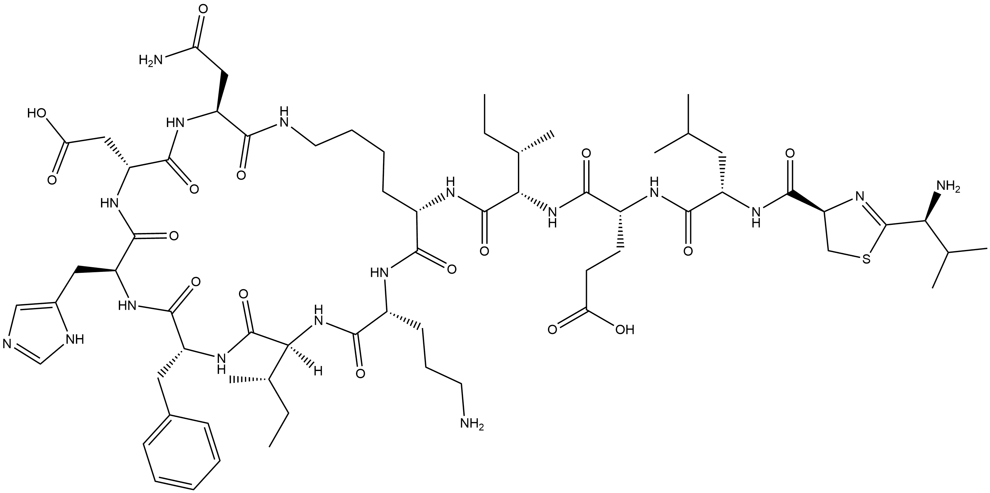 L-Asparagine, N-[[(4R)-2-[(1S)-1-amino-2-methylpropyl]-4,5-dihydro-4-thiazolyl]carbonyl]-L-leucyl-D-α-glutamyl-L-isoleucyl-L-lysyl-D-ornithyl-L-isoleucyl-D-phenylalanyl-L-histidyl-D-α-aspartyl-, (10→4)-lactam Struktur