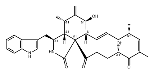 1H-Cyclotridec[d]isoindole-1,13,17(2H,14H)-trione, 3,3a,4,5,6,6a,9,10,15,16-decahydro-6,14-dihydroxy-3-(1H-indol-3-ylmethyl)-4,10,12-trimethyl-5-methylene-, (3S,3aR,4S,6S,6aR,7E,10S,11E,13S,17aR)- Struktur