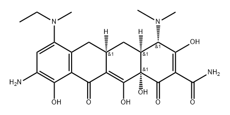 2-Naphthacenecarboxamide, 9-amino-4-(dimethylamino)-7-(ethylmethylamino)-1,4,4a,5,5a,6,11,12a-octahydro-3,10,12,12a-tetrahydroxy-1,11-dioxo-, [4S-(4α,4aα,5aα,12aα)]- (9CI) Struktur