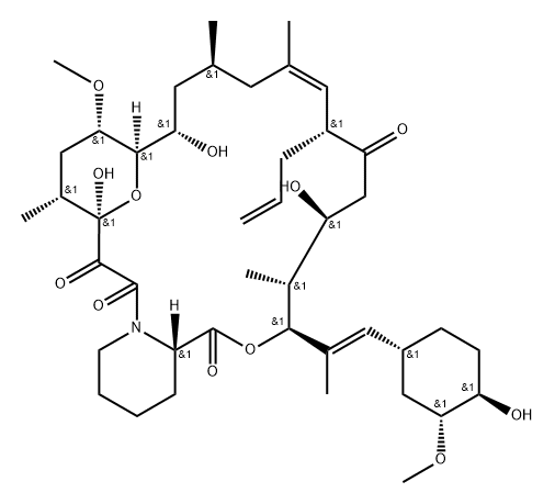 15,19-Epoxy-3H-pyrido[2,1-c][1,4]oxaazacyclotricosine-1,7,20,21(4H,23H)-tetrone, 5,6,8,11,12,13,14,15,16,17,18,19,24,25,26,26a-hexadecahydro-5,14,19-trihydroxy-3-[(1E)-2-[(1R,3R,4R)-4-hydroxy-3-methoxycyclohexyl]-1-methylethenyl]-16-methoxy-4,10,12,18-tetramethyl-8-(2-propen-1-yl)-, (3S,4R,5S,8R,12S,14S,15R,16S,18R,19R,26aS)- Struktur