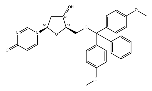 2-Deoxy-2’-deoxy-5’-(4,4’-dimethoxytrityl)uridine Struktur