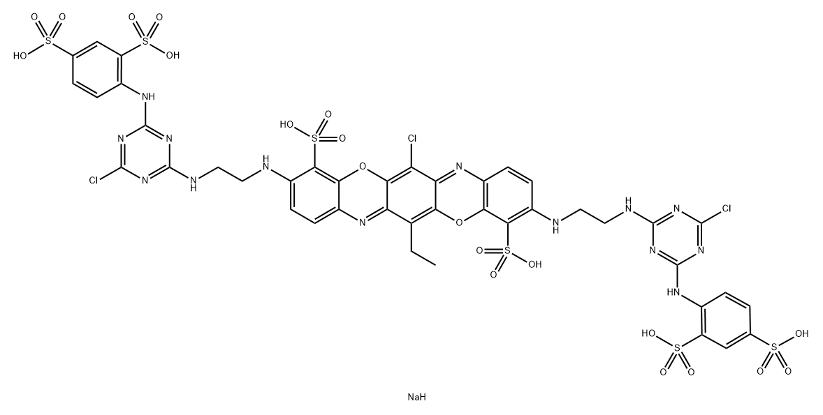 4,11-Triphenodioxazinedisulfonic acid, 6-chloro-3,10-bis2-4-chloro-6-(2,4-disulfophenyl)amino-1,3,5-triazin-2-ylaminoethylamino-13-ethyl-, hexasodium salt Struktur