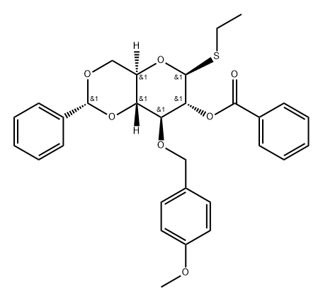 b-D-Glucopyranoside, ethyl 3-O-[(4-Methoxyphenyl)Methyl]-4,6-O-[(R)-phenylMethylene]-1-thio-, benzoate Struktur